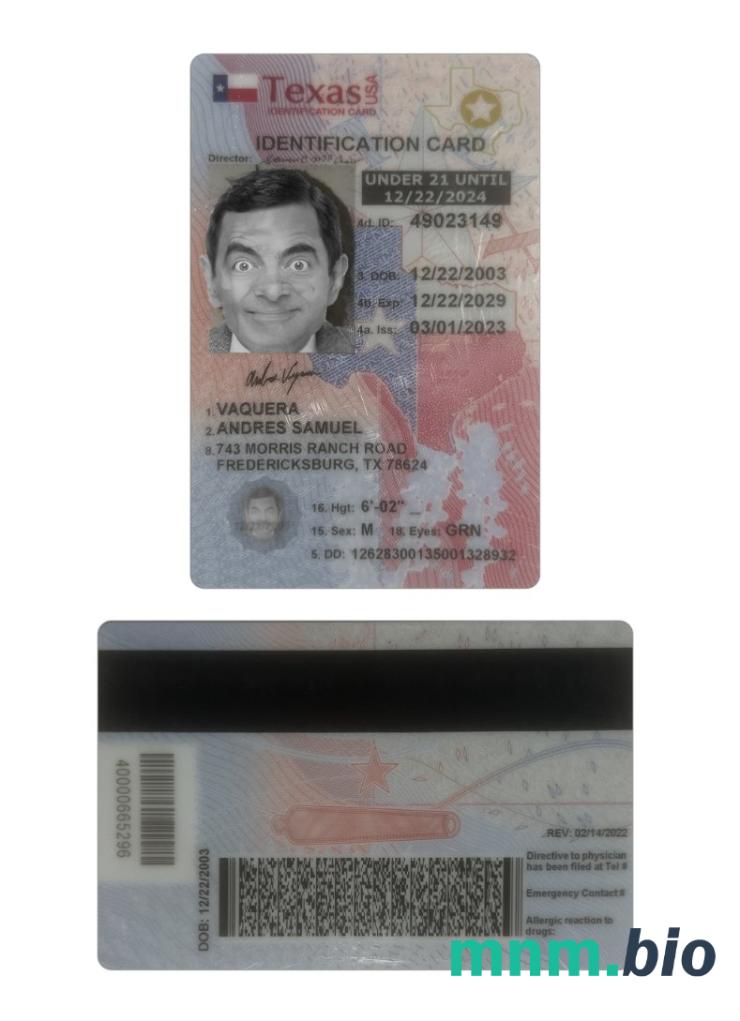 Przykład karty identyfikacyjnej poniżej 21 lat stanu Teksas (USA) w formacie PSD, w pełni edytowalny